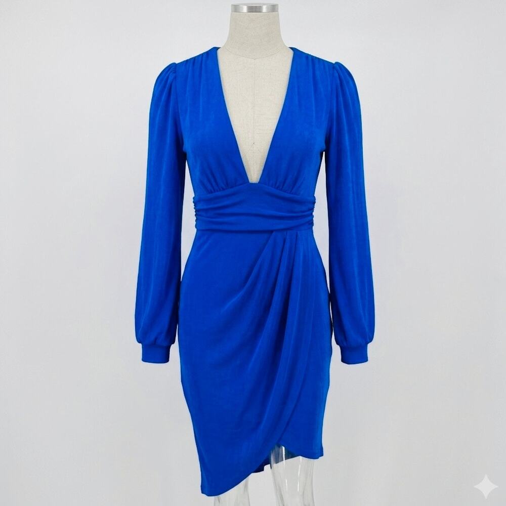 Hello Molly Shimmer Royal Blue Deep V-Neck Mini Dress Sz 4 Going Out Club HoCo